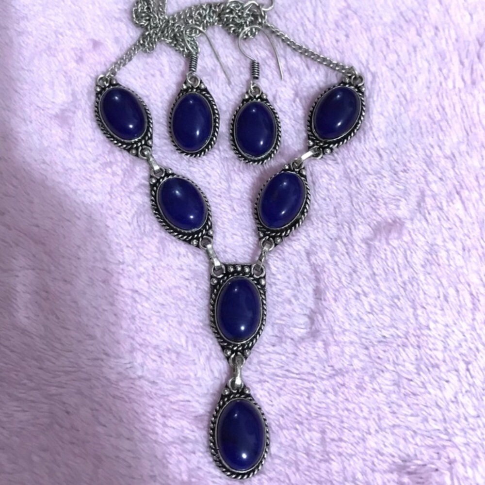 NEW STERLING SILVER GENUINE NATURAL PURPLE ONXY GEMSTONE NECKLACE EARRINGS SET